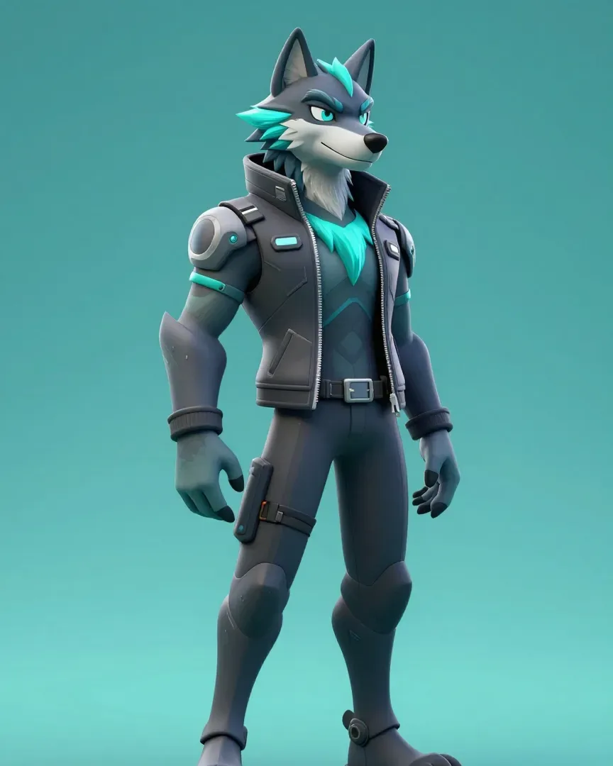 Example avatar: an anthro wolf character in techwear