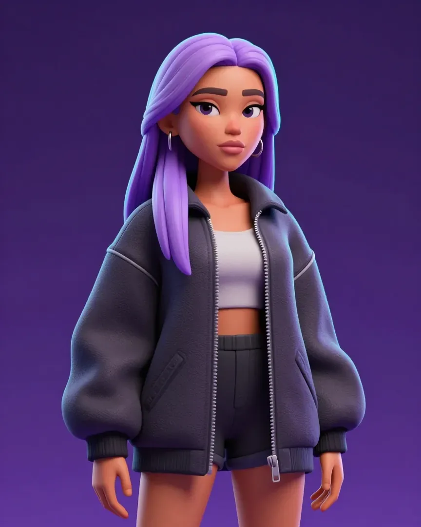 Example avatar: a woman with lavender hair in an oversized jacket