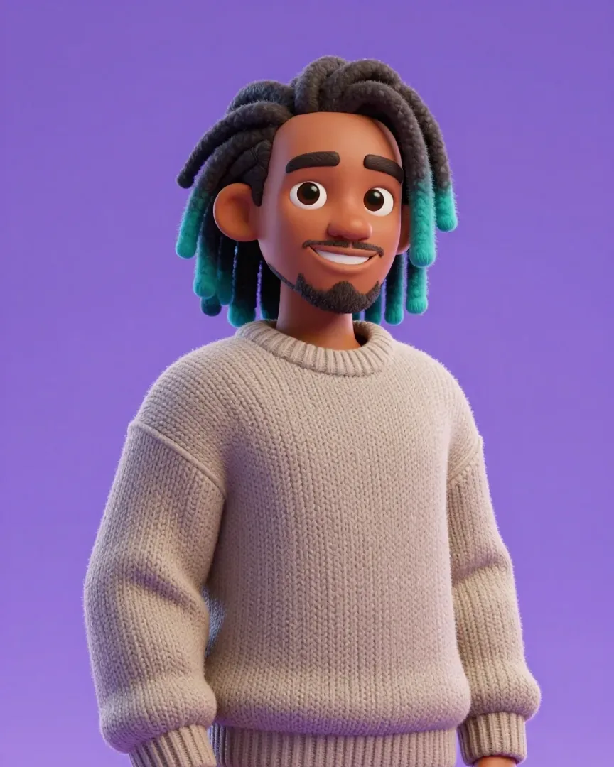 Example avatar: a man with teal-tipped locs in a knit sweater