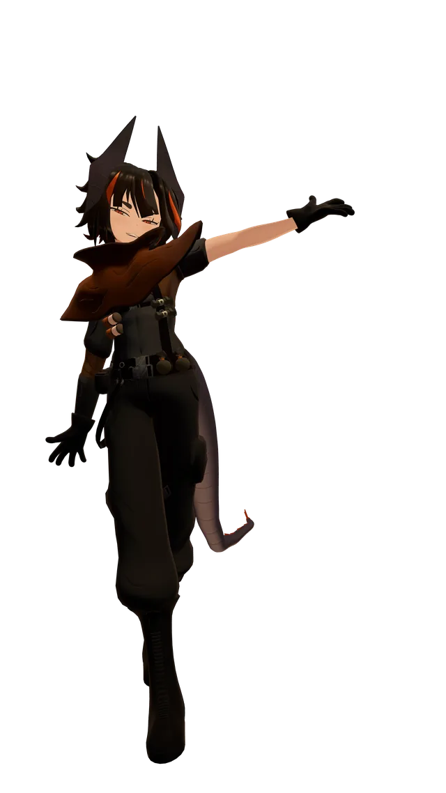 A horned avatar in dark gear, drifting mid-air